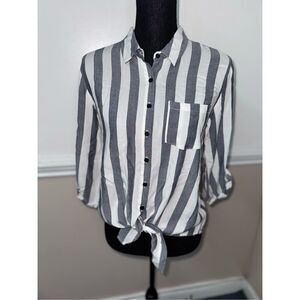 Pink Rose Stripe Button Down Blouse with Tie Front Size Small